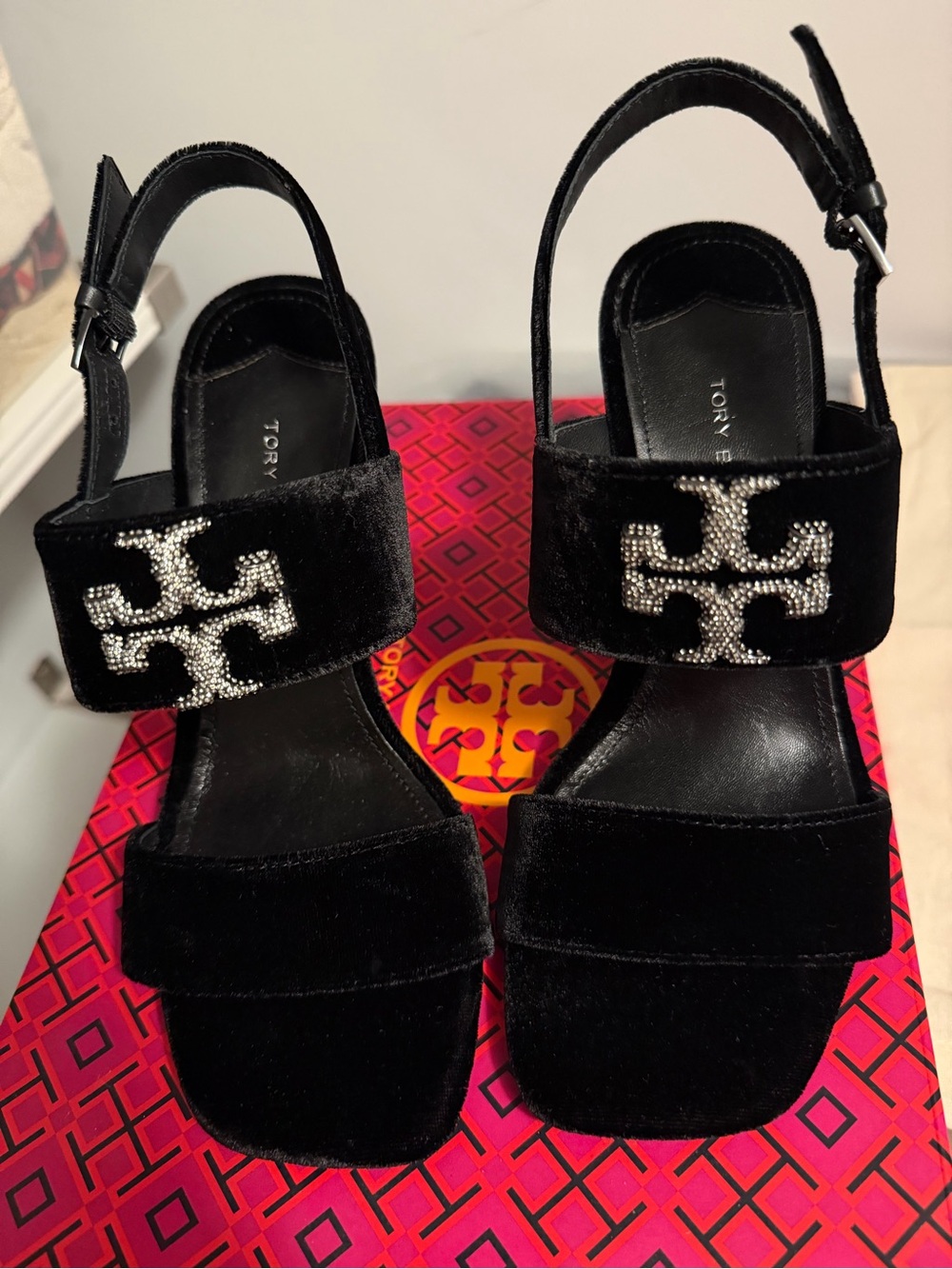Tory Burch Black Velvet Sandals with Crystal Logo
